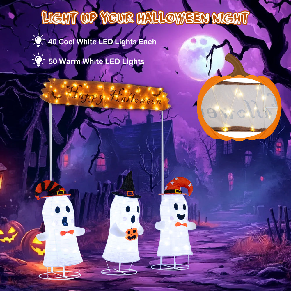 Four-piece Halloween decoration set featuring three LED-lit ghosts and a "Happy Halloween" sign for festive outdoor.