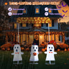 Four playful ghost decorations with LED lights and a "Happy Halloween" sign, perfect for outdoor Halloween displays.