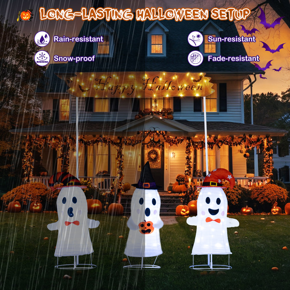 Four playful ghost decorations with LED lights and a "Happy Halloween" sign, perfect for outdoor Halloween displays.