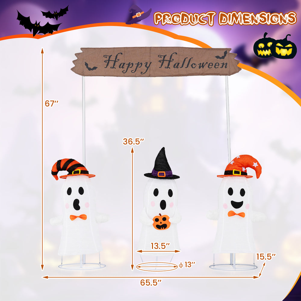 Close-up of a playful ghost wearing a witch hat, part of the Halloween decoration set with LED lights for outdoor.