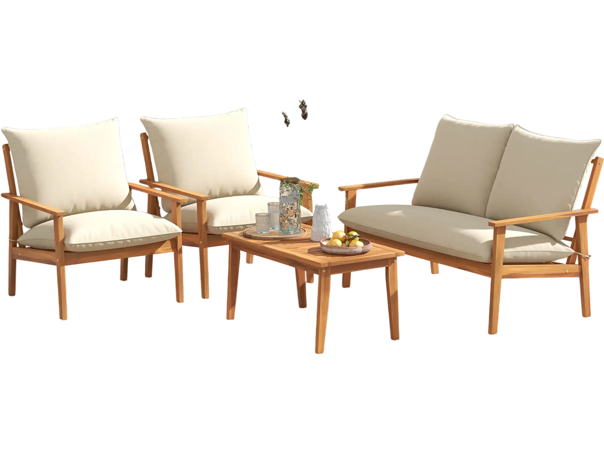 Costway 4-Pc Outdoor Acacia Wood Patio Conversation Set w/ Cushions & Coffee Table White 18729645 New