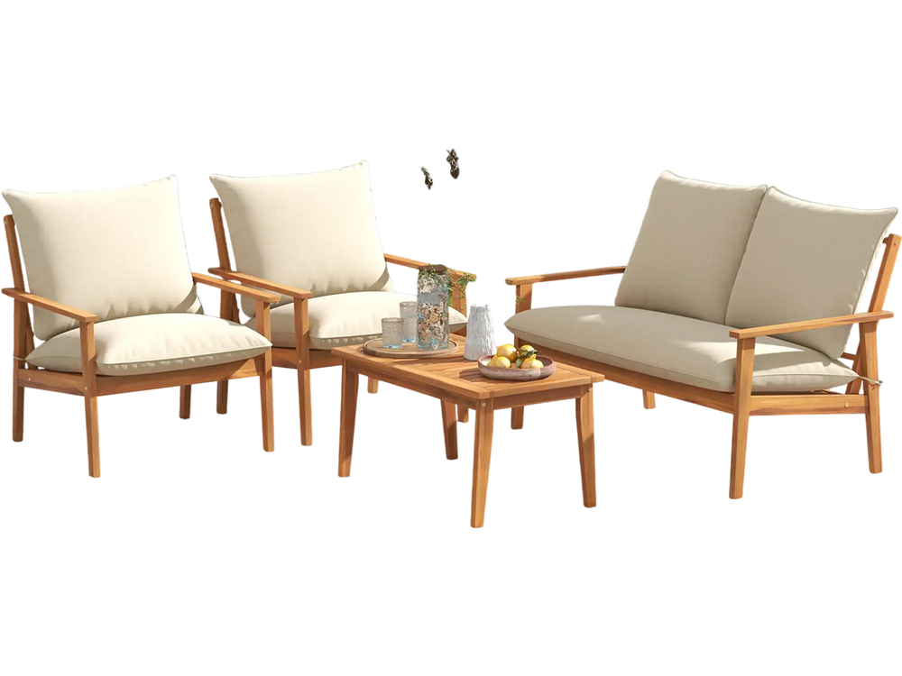 Outdoor acacia wood conversation set with soft cushions, featuring a loveseat, two armchairs, and a coffee table for.