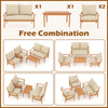 Acacia wood outdoor conversation set with soft cushions, including loveseat, two armchairs, and coffee table for patio.