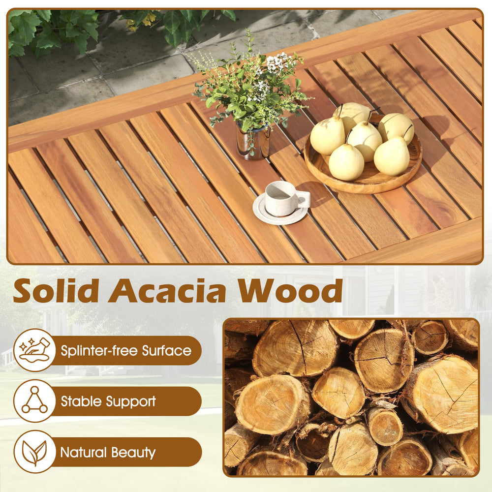 Outdoor acacia wood coffee table showcasing a splinter-free surface, perfect for patio relaxation with natural beauty.