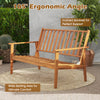 Acacia wood loveseat with inclined backrest, 105° ergonomic angle, and wide seating area, perfect for outdoor comfort.
