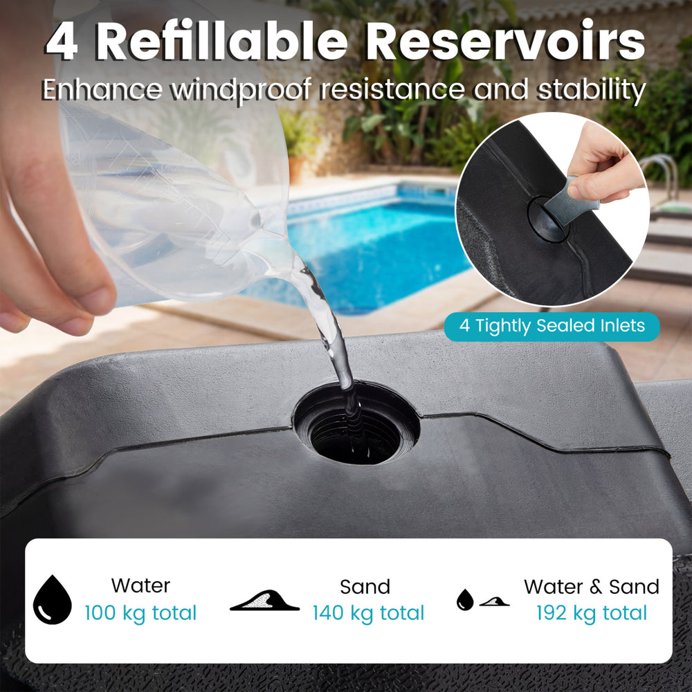 Refillable reservoir of a patio umbrella weight base plate set, made of weather-resistant PE material for stability.