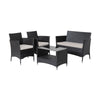4-piece patio conversation set featuring a loveseat, 2 armchairs, and a tempered glass coffee table with soft cushions.