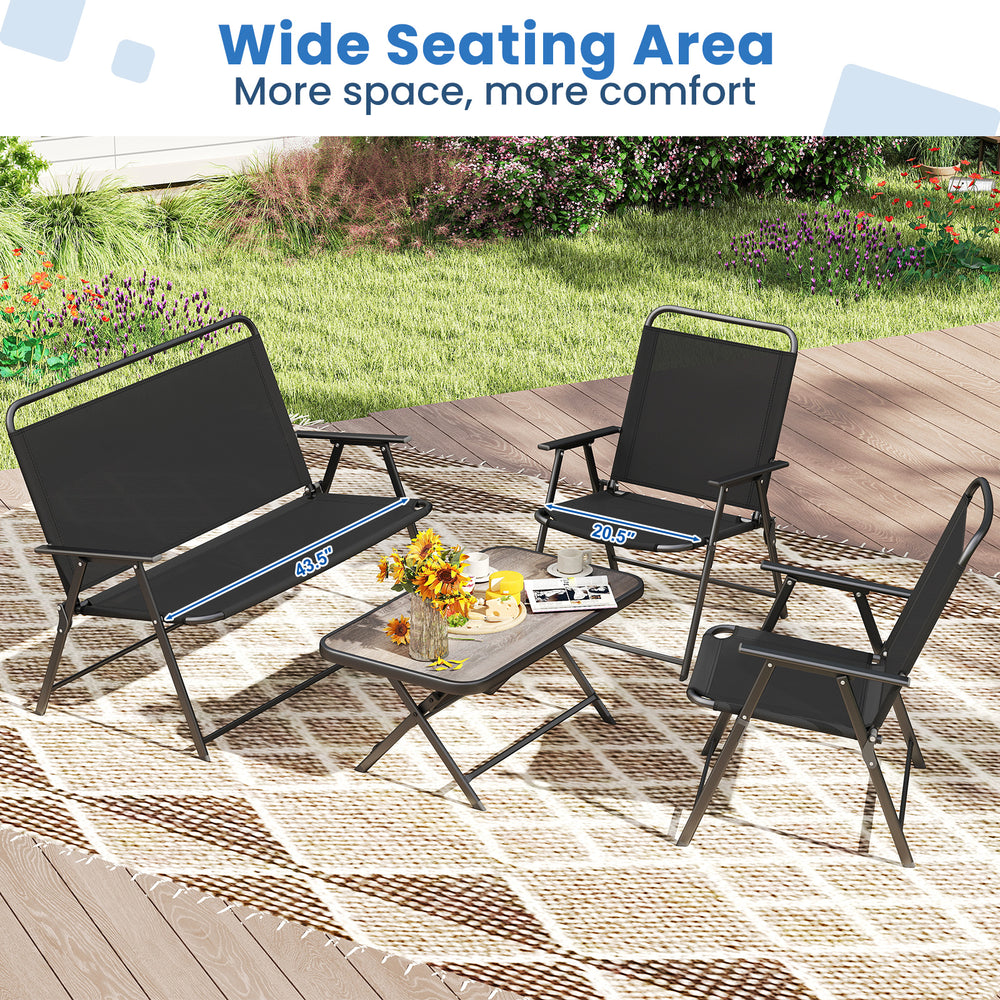 4-piece black patio folding furniture set featuring a coffee table and chairs, perfect for outdoor relaxation.