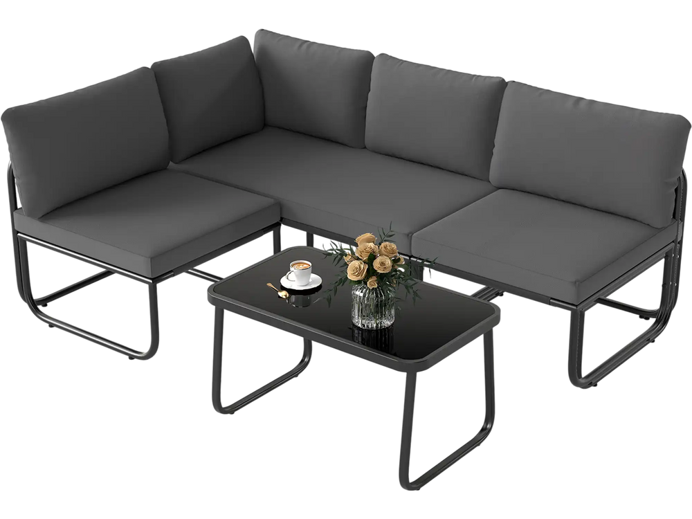 L-shaped gray patio furniture set with cushions and tempered glass coffee table for outdoor relaxation.