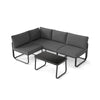 L-shaped gray patio sofa set with cushions and glass coffee table, designed for comfort and outdoor use.