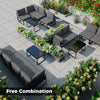 Gray 4-piece patio furniture set with cushions and coffee table, perfect for outdoor relaxation and versatile.