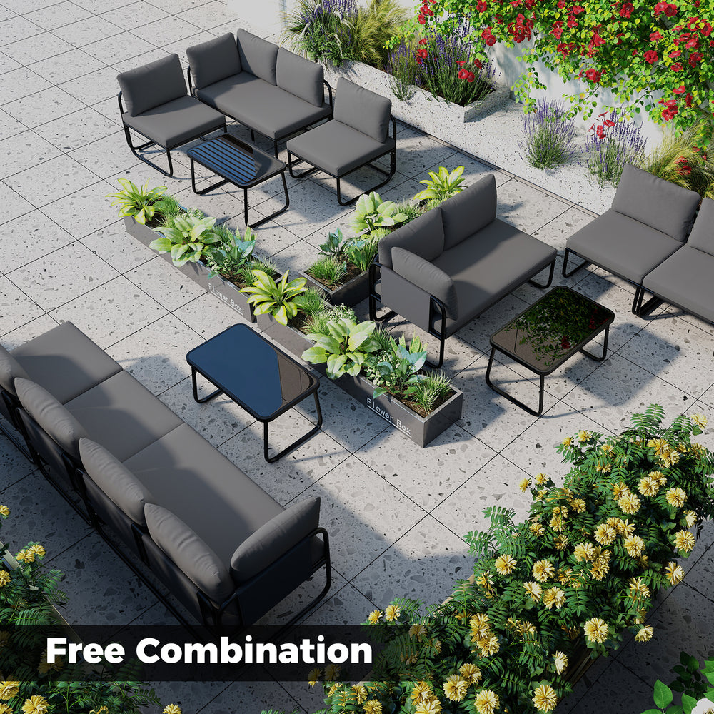 Gray 4-piece patio furniture set with cushions and coffee table, perfect for outdoor relaxation and versatile.