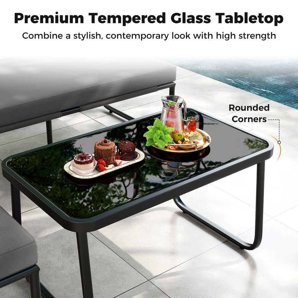 Tempered glass tabletop with rounded corners on a patio coffee table, perfect for outdoor relaxation and easy cleaning.