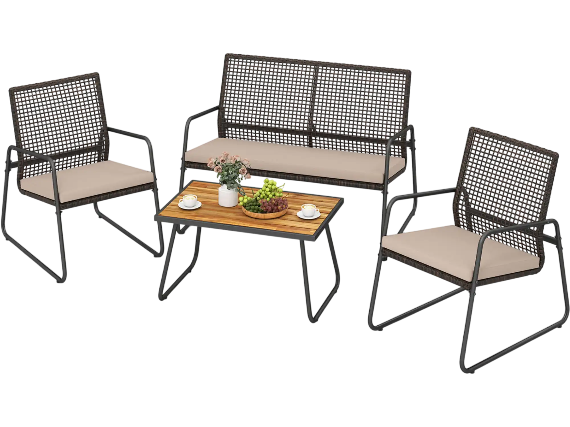 Costway 4-Piece Patio Furniture Set Acacia Wood Coffee Table Zippered Cushions 69914270 New