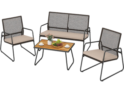 Costway 4-Piece Patio Furniture Set Acacia Wood Coffee Table Zippered Cushions 69914270 New
