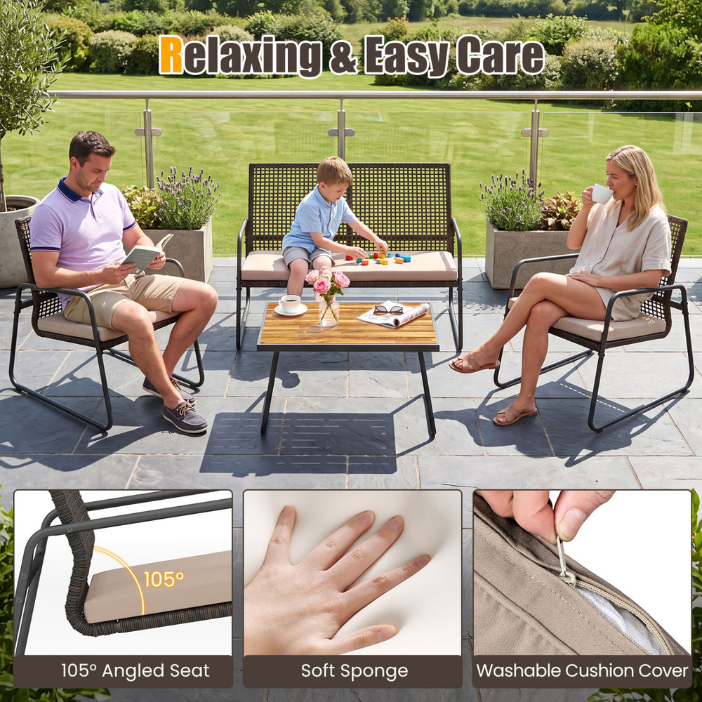 4 Pieces Patio Furniture Set with Acacia Wood Coffee Table and Zippered Cushions - Gallery View 7 of 9
