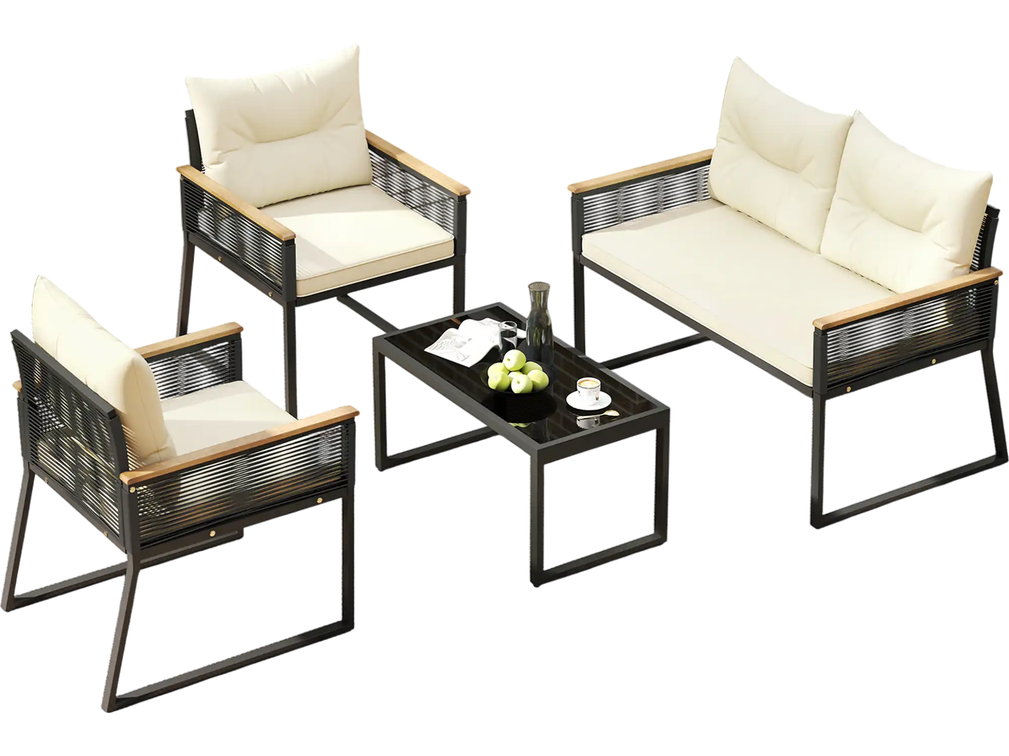 Costway 4-Piece Patio Furniture Conversation Set w/ Tempered Glass Coffee Table Black 984127536 New