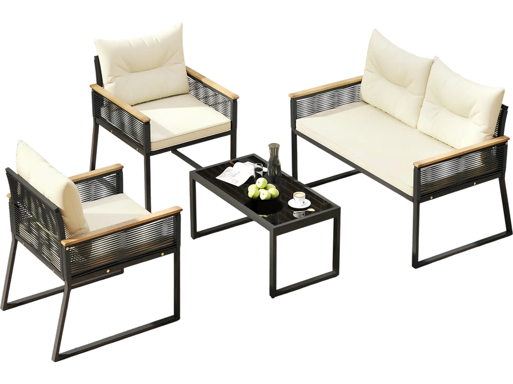4-piece outdoor conversation set featuring a black tempered glass coffee table and cream cushions for patio relaxation.