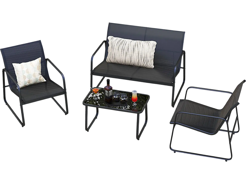 Two stylish black armchairs from the outdoor conversation set, designed for comfort and perfect for garden relaxation.