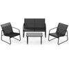 Outdoor conversation set featuring a black loveseat, two armchairs, and a tempered glass coffee table for patio.