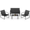 4-piece outdoor conversation set featuring a black loveseat, two armchairs, and a tempered glass coffee table for patio.