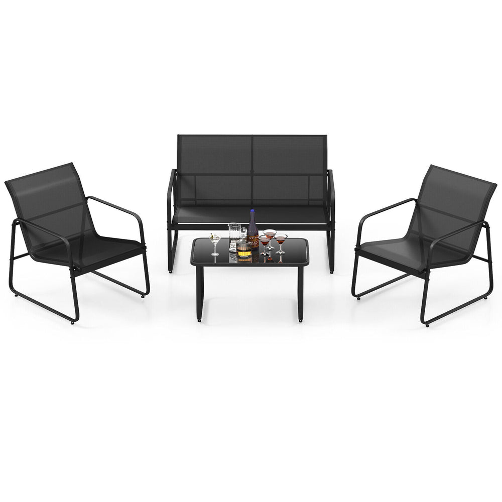 4-piece outdoor conversation set featuring a black loveseat, two armchairs, and a tempered glass coffee table for patio.