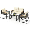 4-piece patio furniture set featuring a loveseat, two chairs, and a tempered glass coffee table for outdoor relaxation.