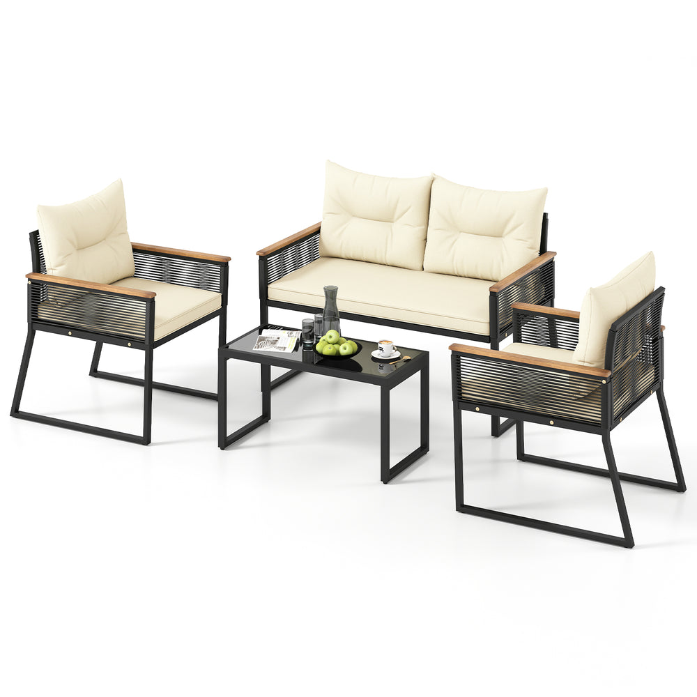 4-piece patio furniture set featuring a loveseat, two chairs, and a tempered glass coffee table for outdoor relaxation.