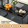 Tempered glass coffee table with black metal frame, perfect for outdoor patios and easy to clean.