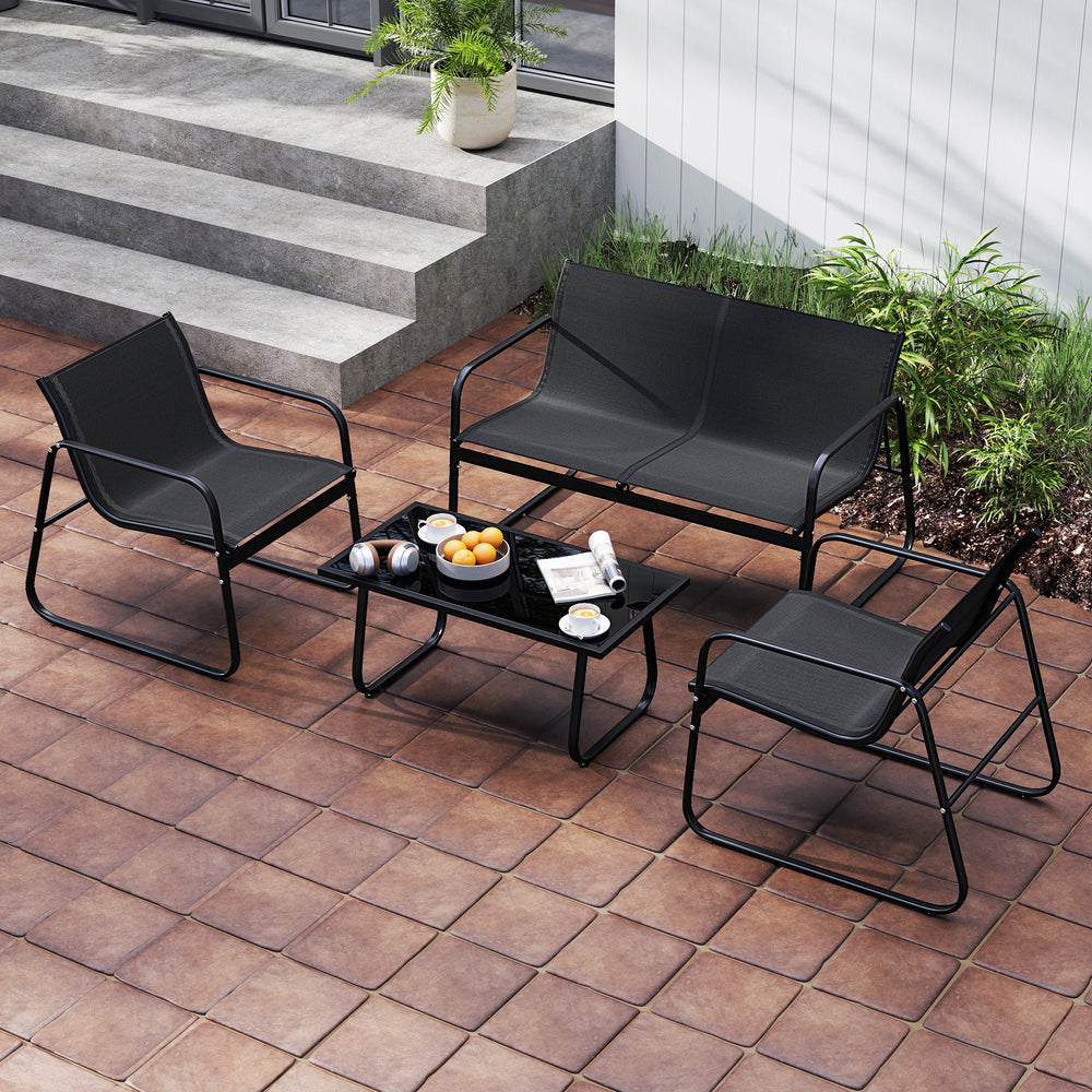 4-piece patio furniture set featuring a loveseat, two chairs, and a glass coffee table for outdoor relaxation.