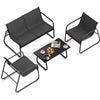 4-piece patio furniture set featuring a loveseat, two fabric lawn chairs, and a glass coffee table for outdoor.