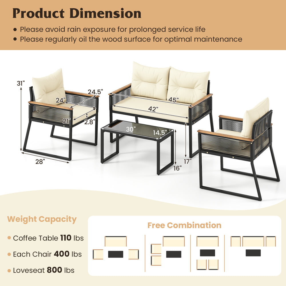 Patio furniture set featuring two chairs, a loveseat, and a tempered glass coffee table for outdoor relaxation.