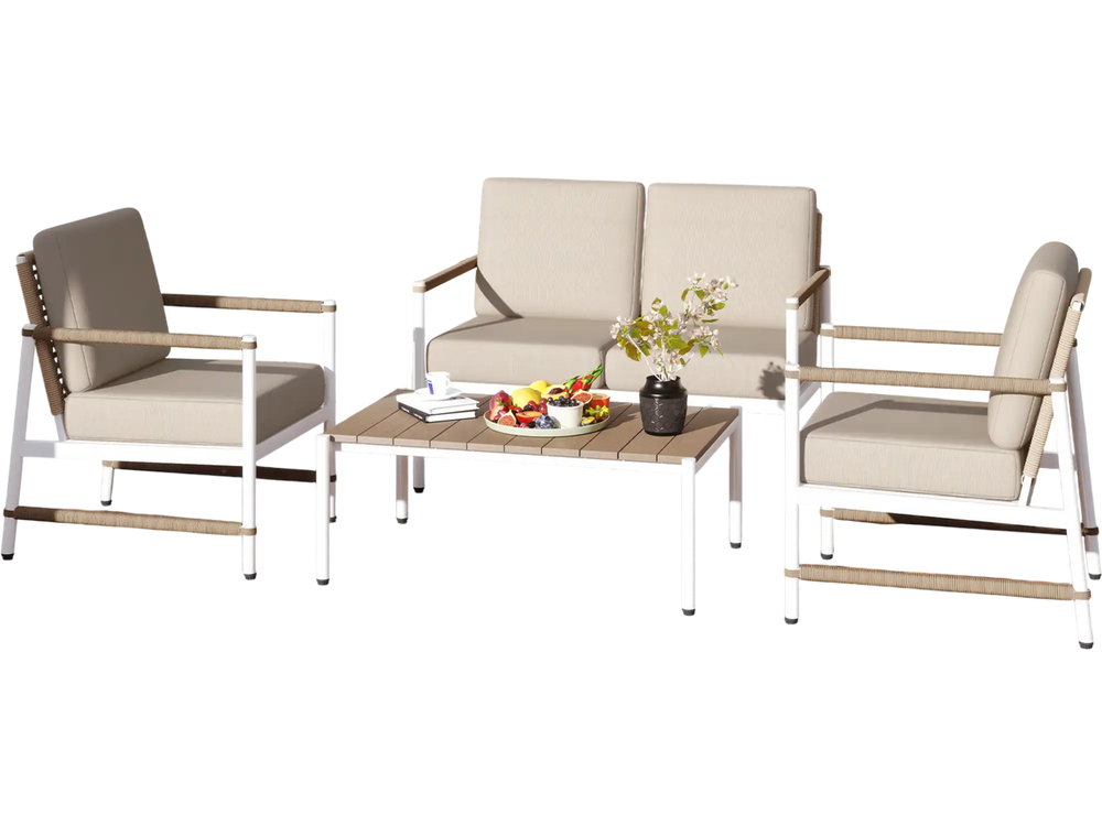 4-piece patio furniture set featuring gray cushions, aluminum frames, and a coffee table for stylish outdoor relaxation.