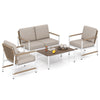 4-piece patio furniture set featuring a loveseat and two chairs with thick gray cushions and a slatted PE tabletop.