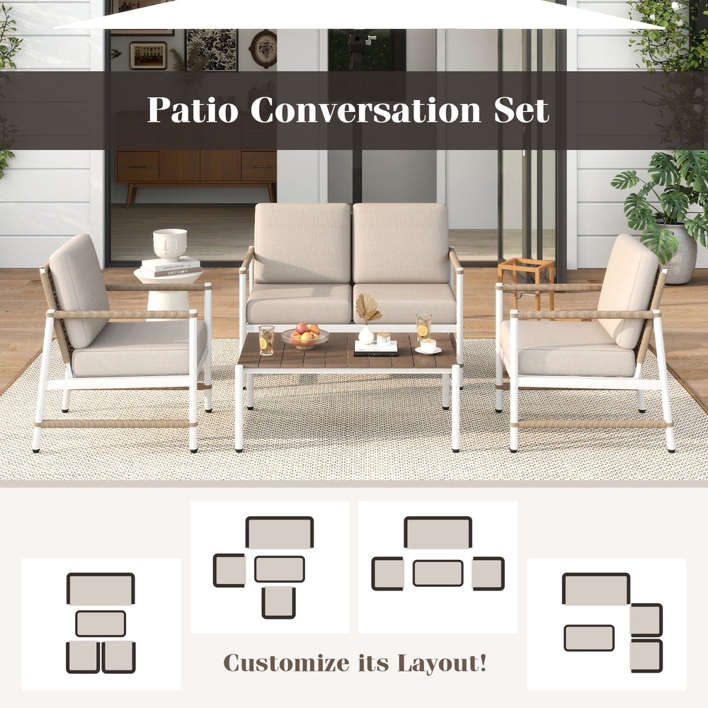 4-piece patio conversation set featuring a loveseat and two chairs with thick gray cushions for customizable outdoor.