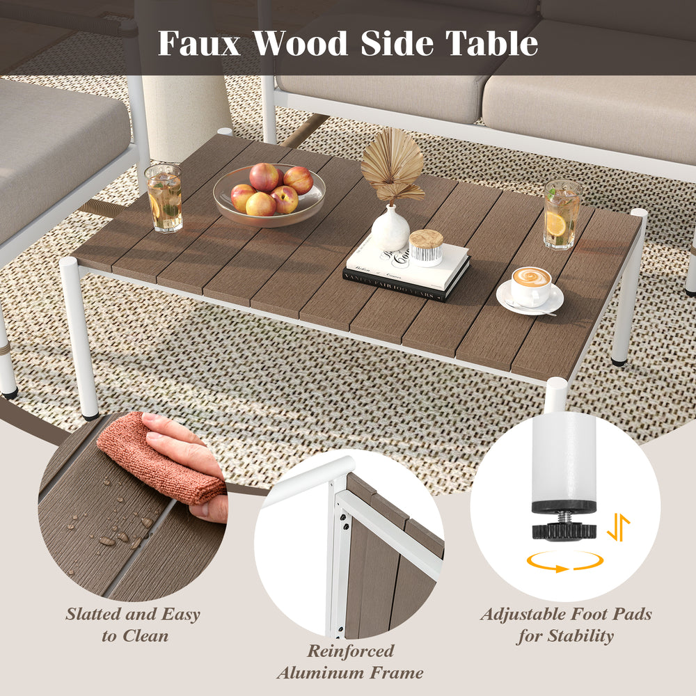 Faux wood side table with slatted PE tabletop and adjustable foot pads, perfect for enhancing your patio or outdoor.