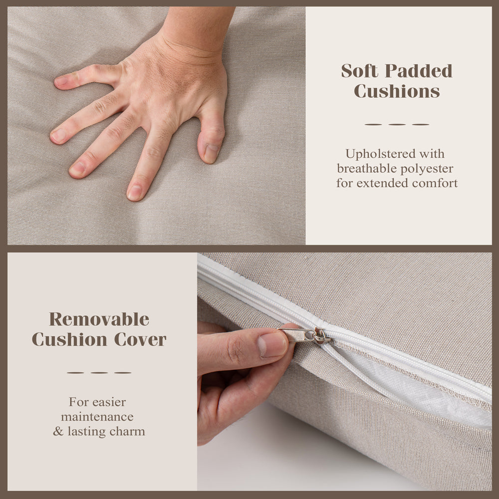 Soft padded cushion detail with removable cover, upholstered in breathable polyester for easy maintenance and comfort.