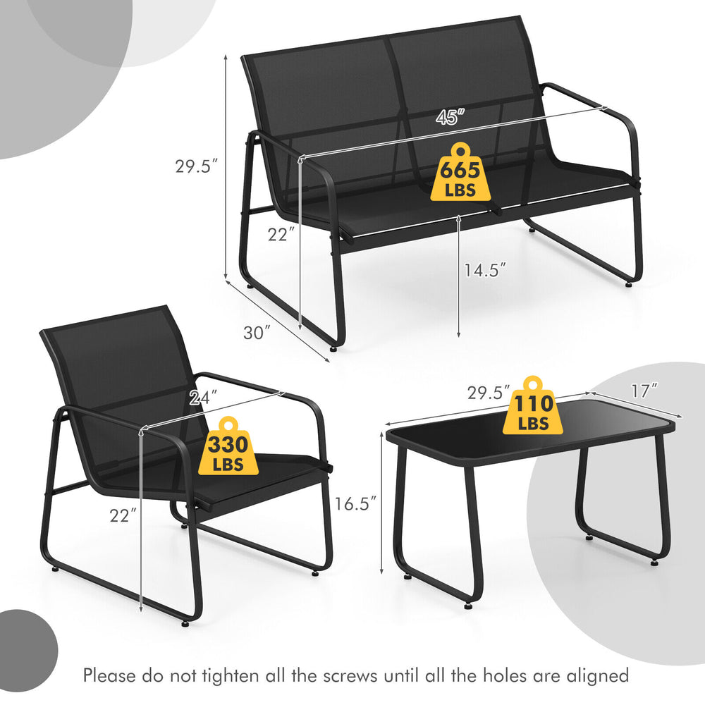 Loveseat and armchair from the 4 Pieces Outdoor Conversation Set in black, featuring a heavy-duty metal frame for.
