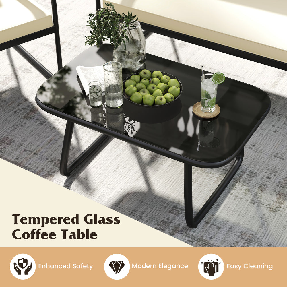Tempered glass coffee table with sturdy metal frame, perfect for outdoor patio use and easy cleaning.