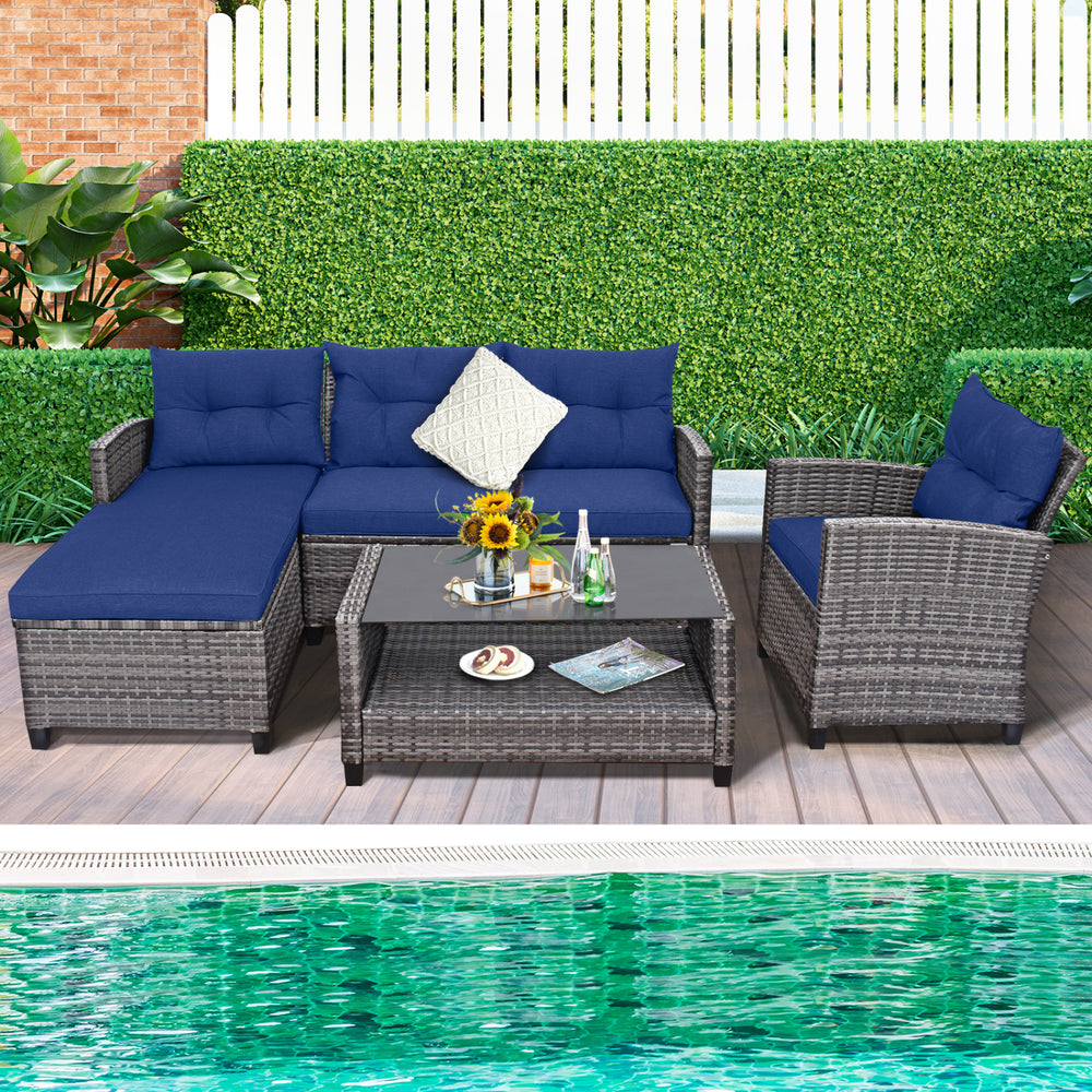 4 Pieces Patio Rattan Sofa Furniture Set with Cushion and 2-Tier Coffee Table-Navy - Gallery View 1 of 12