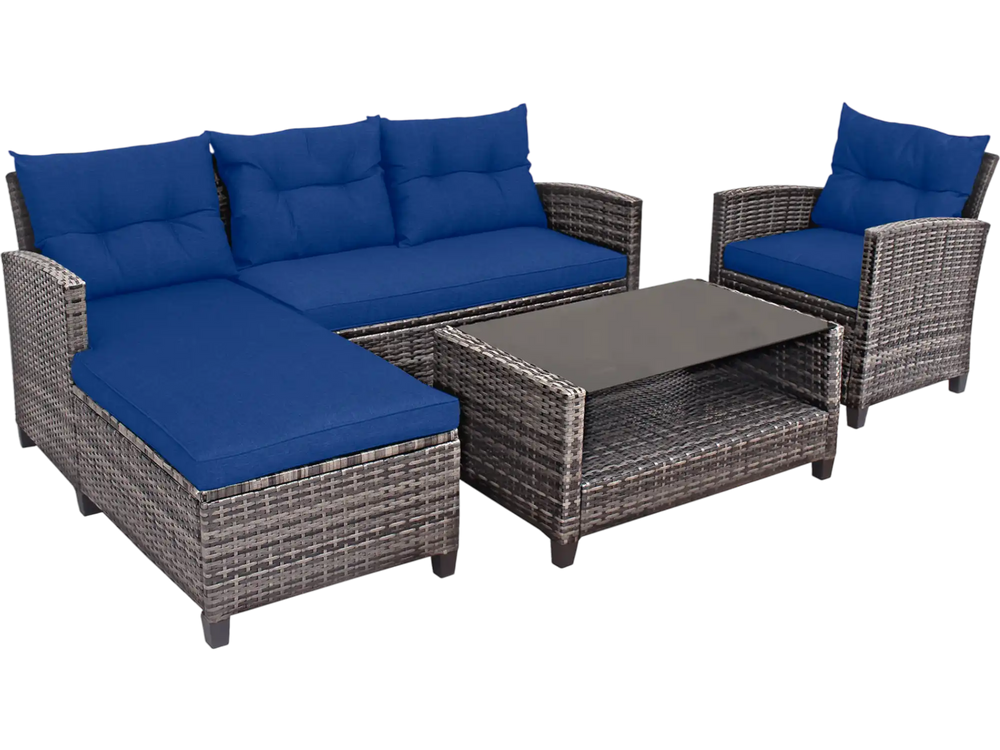 Single chair from the 4-piece patio rattan sofa set with navy cushion, offering comfort for outdoor lounging.