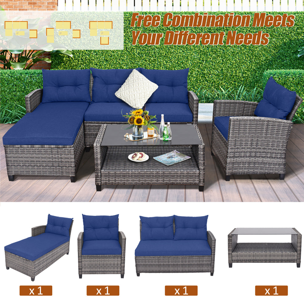 4-piece patio rattan sofa set in navy with cushions and a coffee table, perfect for outdoor relaxation and gatherings.