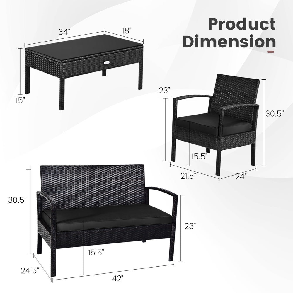 Dimensions of the 4 Pieces Patio Rattan Furniture Set, including loveseat, single sofas, and coffee table for outdoor use.