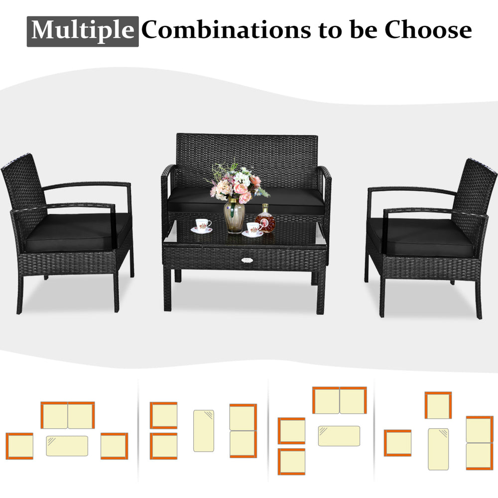 4-piece patio rattan furniture set featuring a loveseat, 2 single sofas, and a coffee table with cushions for outdoor comfort.