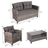 Cushioned loveseat and two single sofas with a coffee table, made of durable gray PE rattan for versatile outdoor use.