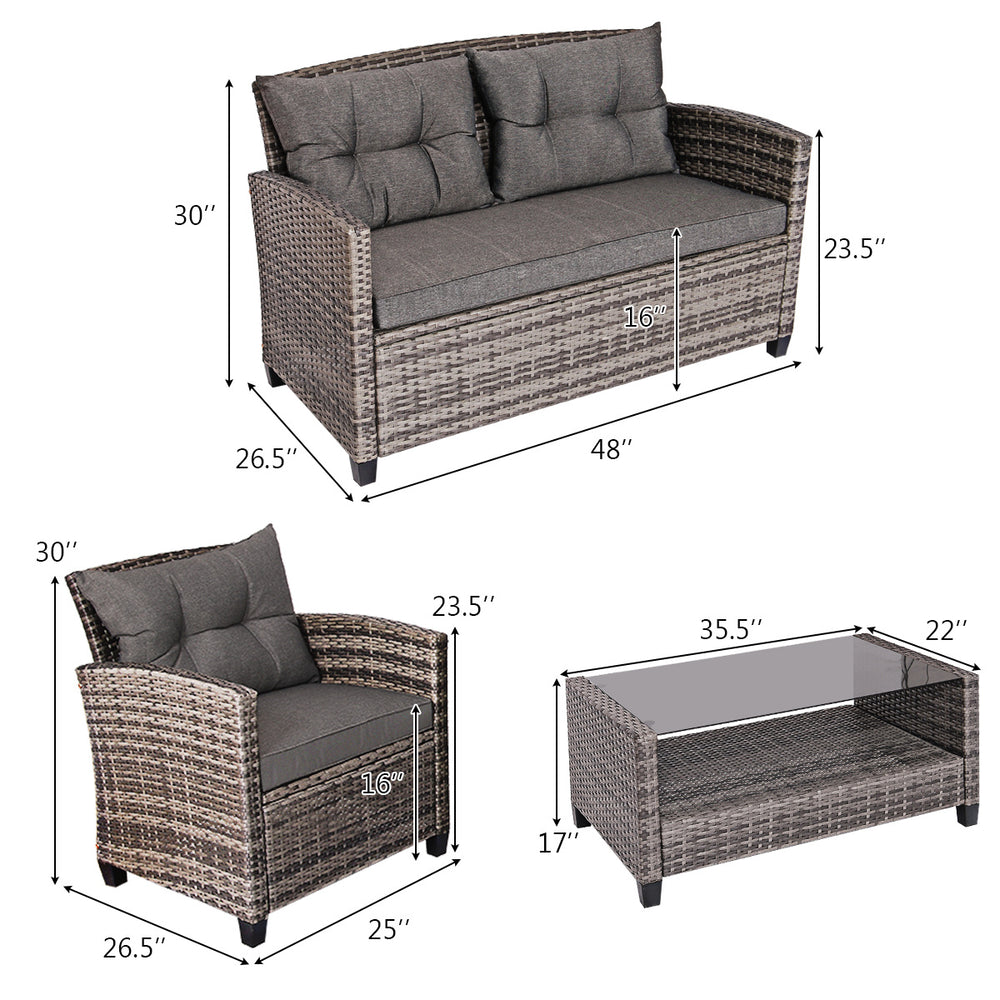 Cushioned loveseat and two single sofas with a coffee table, made of durable gray PE rattan for versatile outdoor use.