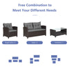4-piece patio rattan conversation set with gray cushions, including 2 single sofas, a loveseat, and a coffee table.