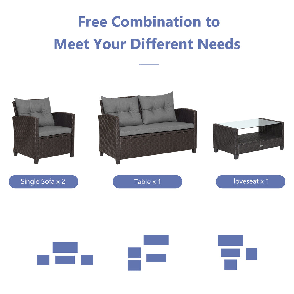 4-piece patio rattan conversation set with gray cushions, including 2 single sofas, a loveseat, and a coffee table.