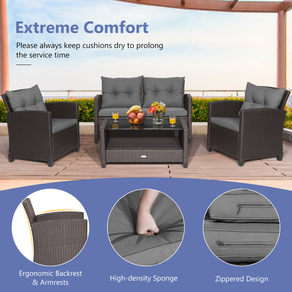 4-piece gray patio rattan furniture set featuring a coffee table, loveseat, and two single sofas for outdoor relaxation.