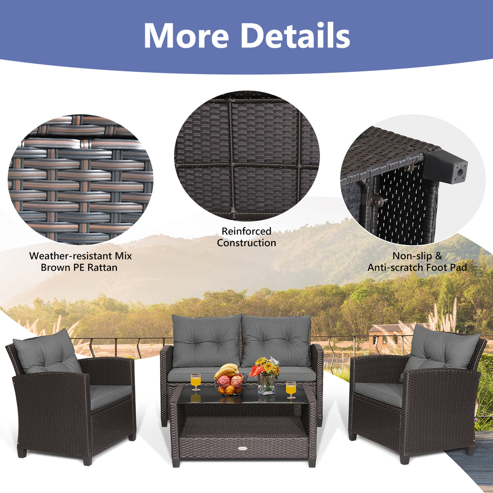 4-piece patio rattan conversation set featuring gray cushions, a glass top coffee table, and weather-resistant brown PE.